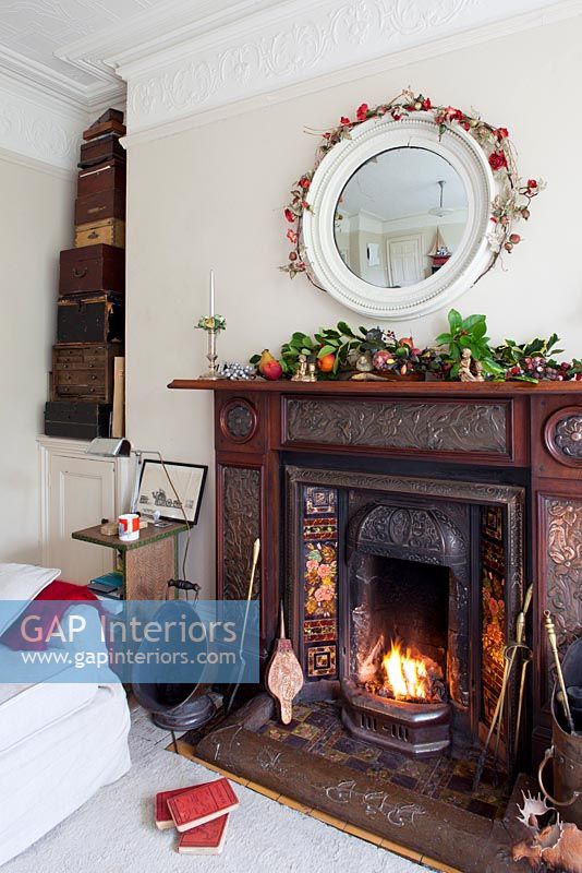 Classic fireplace decorated for Christmas