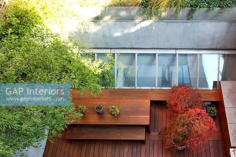 Contemporary decked roof terrace from above