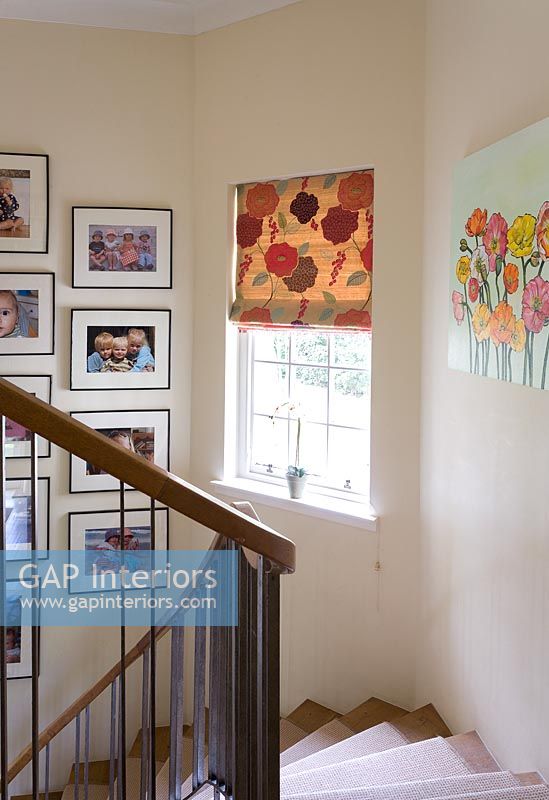 Family photos displayed in stair well