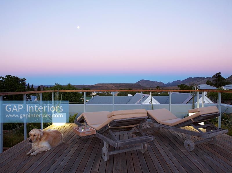 Terrace with view of mountains at sunset, South Africa