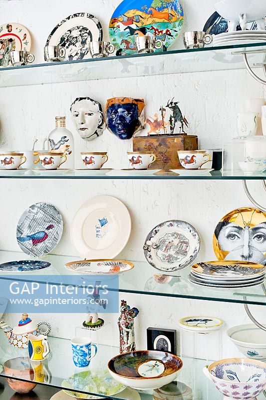 Ceramics display on glass shelves