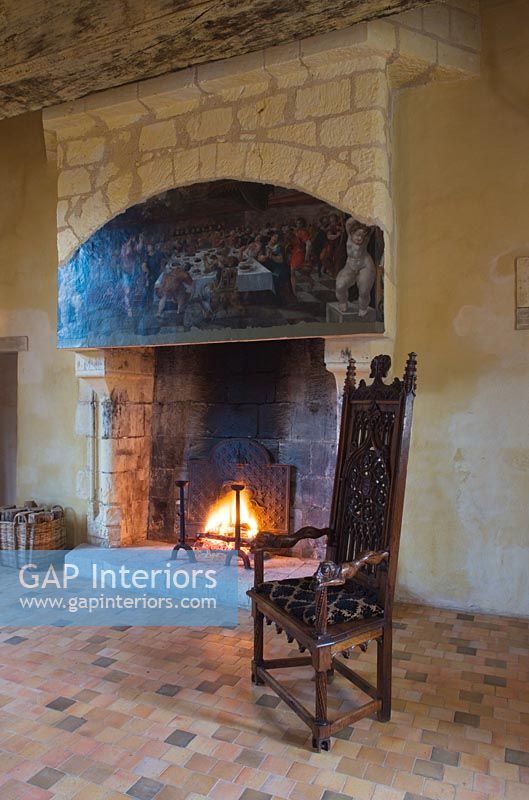 Stone fireplace in chateau