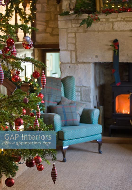 Cotswold stone fireplace at Christmas