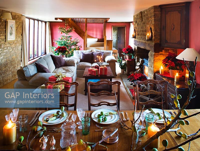 Open plan living and dining room at Christmas