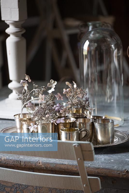 Vintage dining table, silver tray and Hydrangea flowers