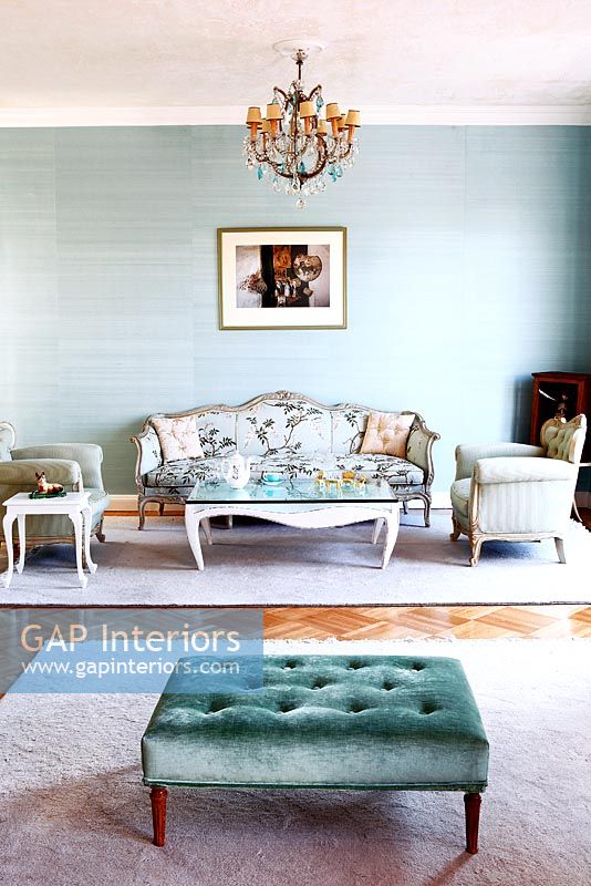 Blue living room with vintage furniture
