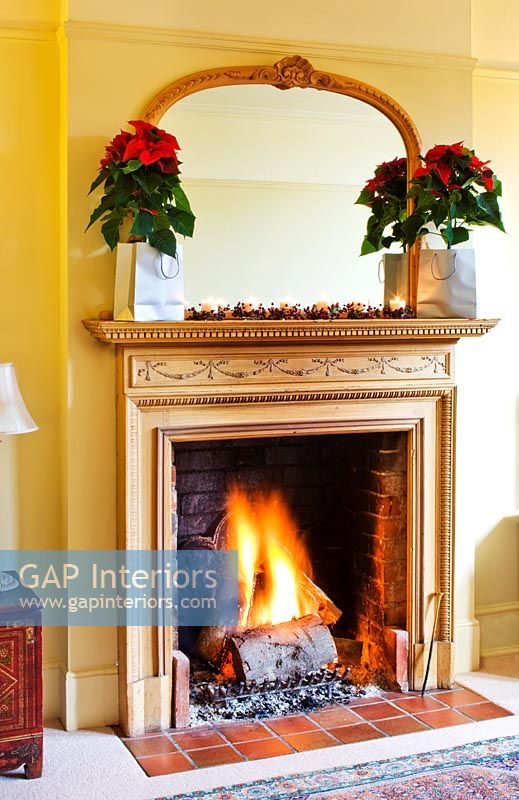 Fireplace with Poinsettias on mantelpiece