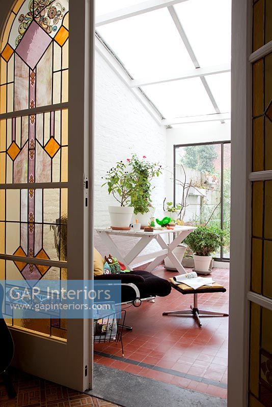 Stained glass doors through to conservatory