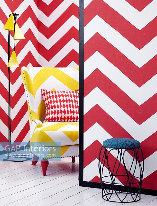 Colourful furniture and wallpaper