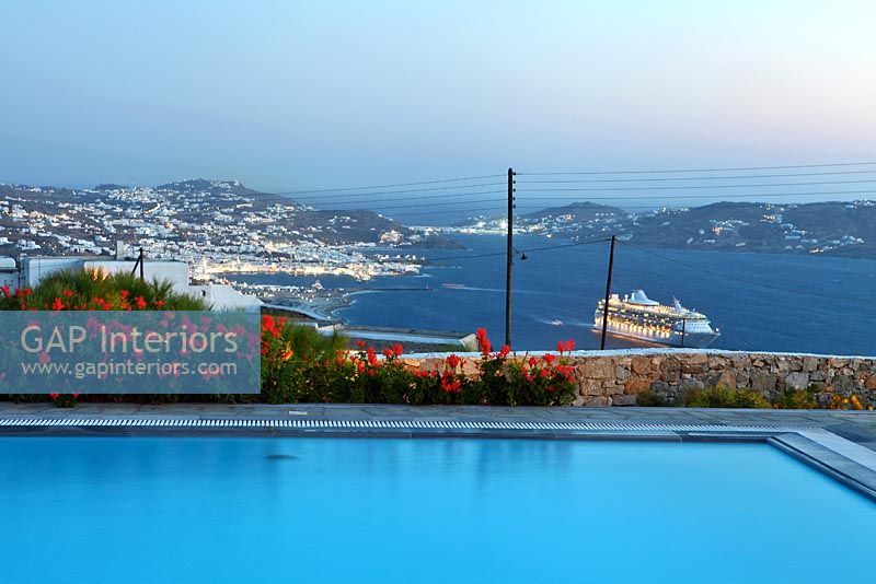 View from swimming pool, Mykonos, Greece
