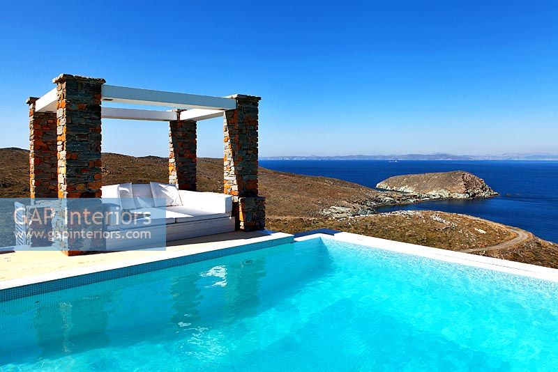 Seating area and infinity pool with sea view, Greece