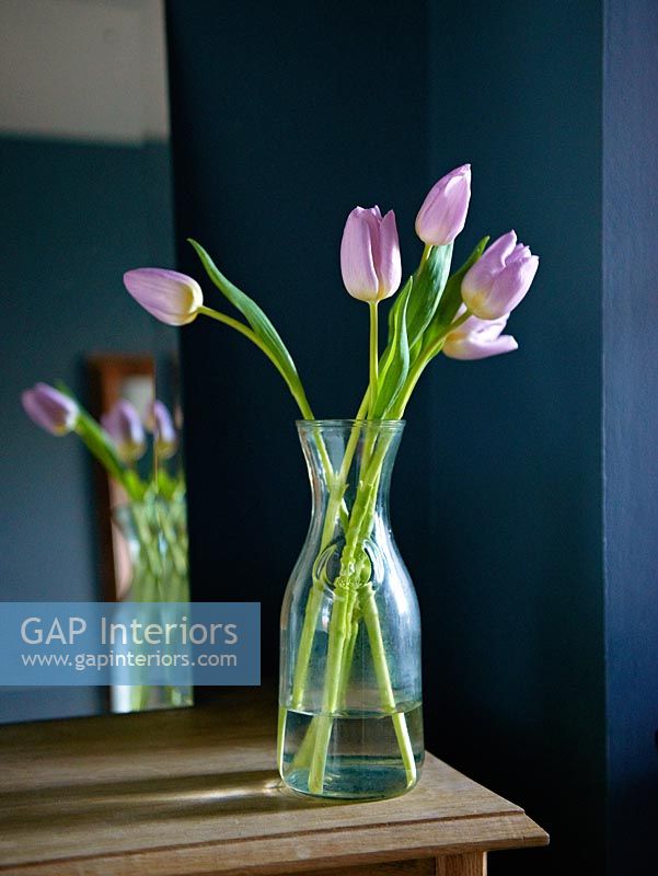 Pink Tulips in glass pitcher