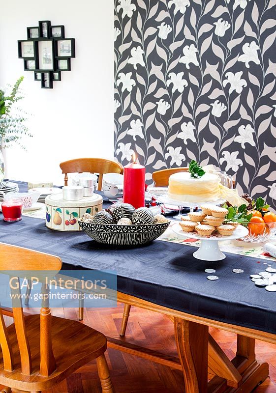 Dining table with christmas food and drink