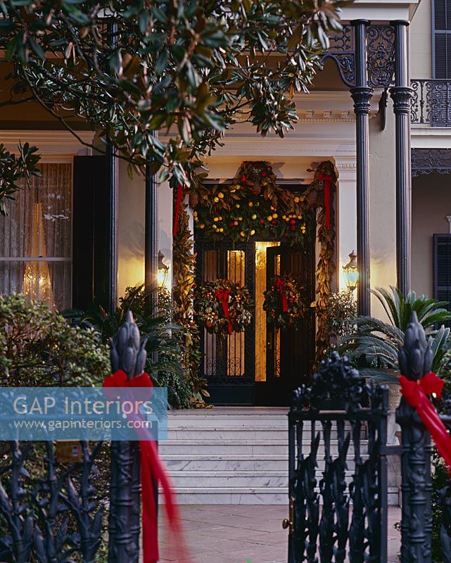 Classic house entrance decorated for christmas