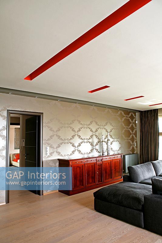 Modern living room with silk wallpaper