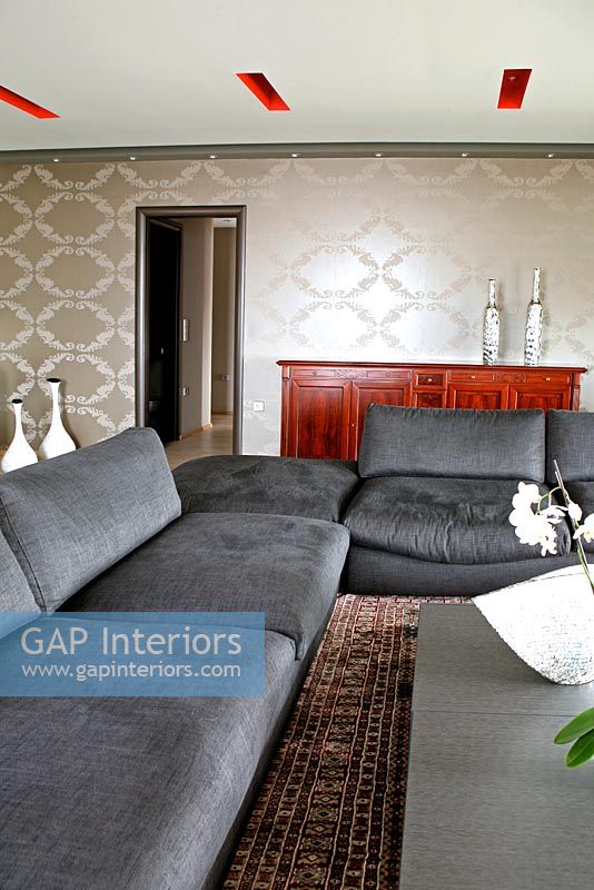 Modern living room with silk wallpaper
