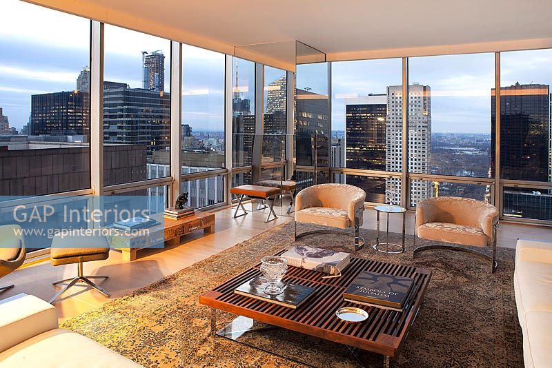 Contemporary living room with New York views