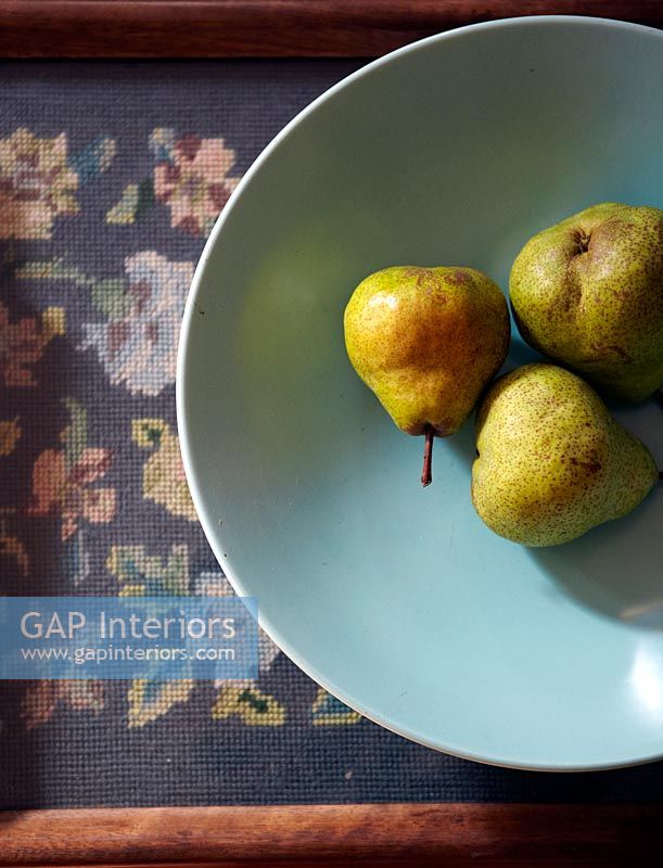 Golden Pears in blue bowl