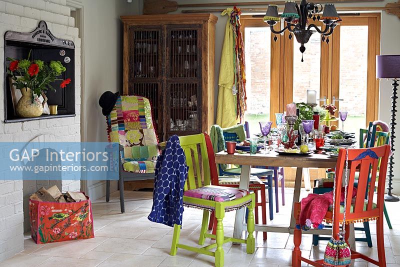 Colourful dining room with upcycled furniture