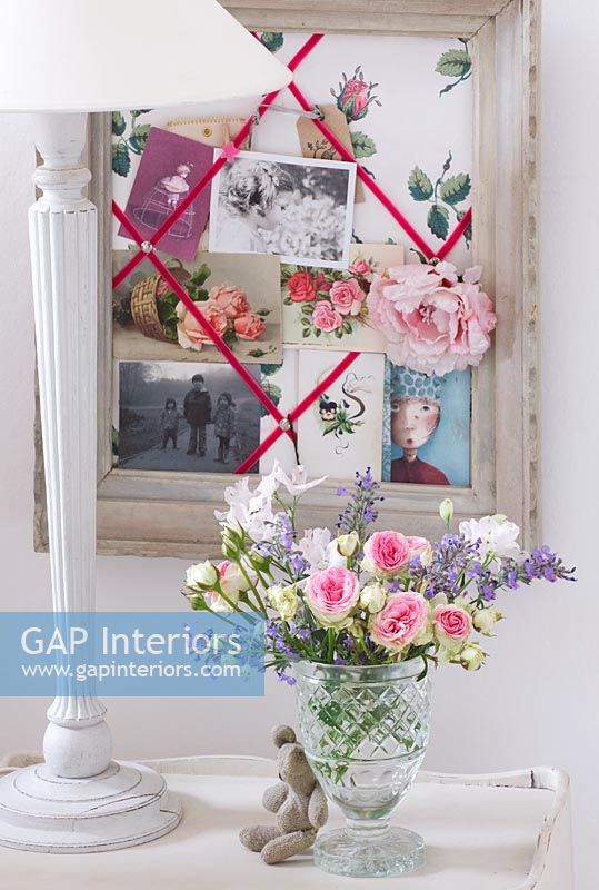 Roses and Catmint flowers in vase and pin board