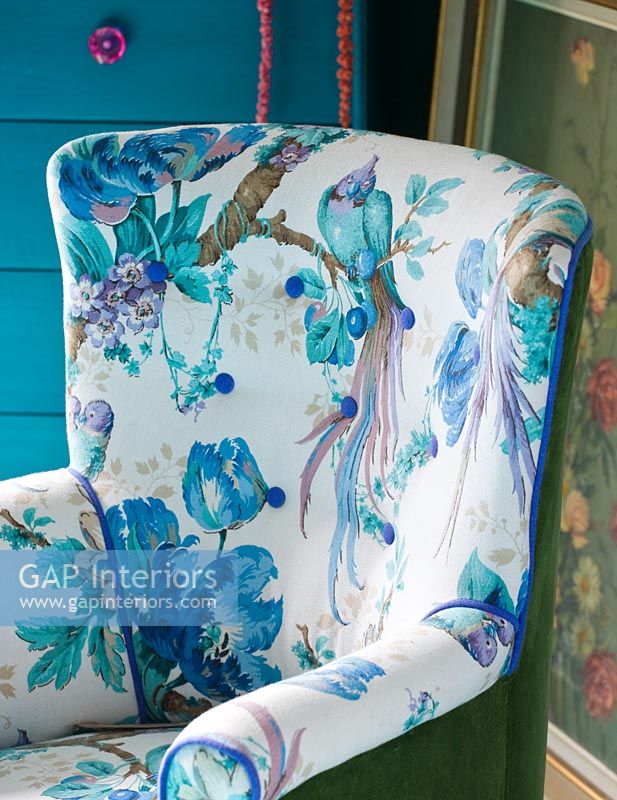 Armchair covered in Sanderson fabric designed by Velvet Eccentric