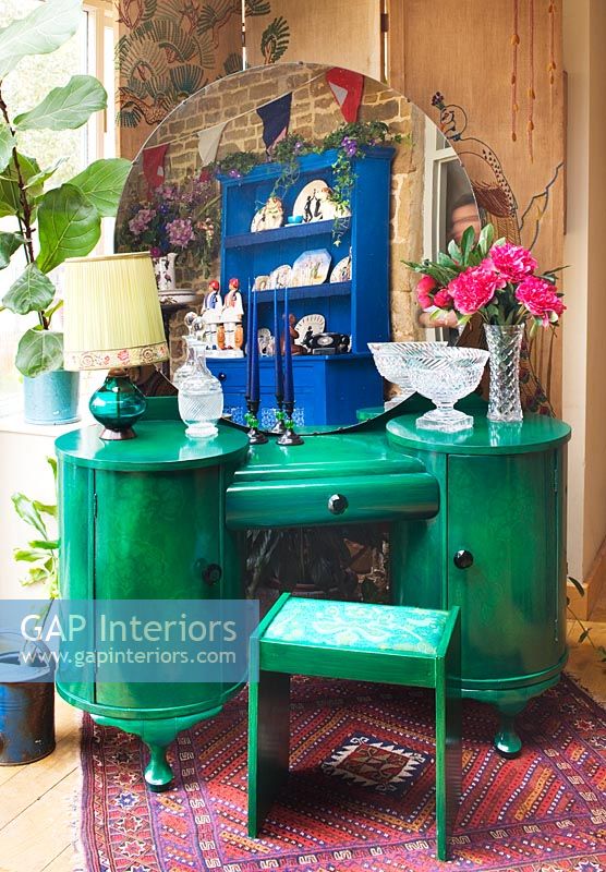 Green glazed and stencilled dressing table