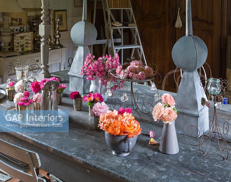 Vintage farmhouse table with floral display