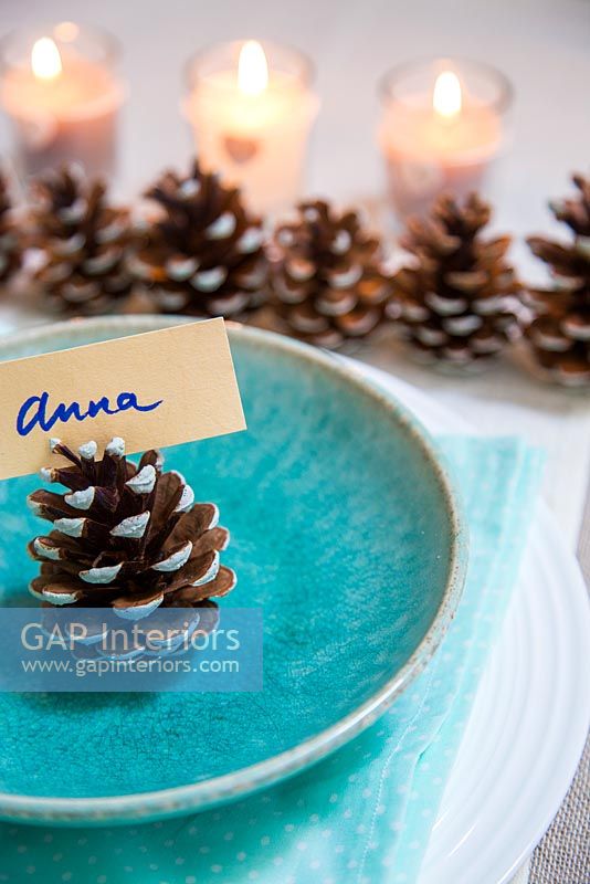 Step by Step guide for painting pine cones for a simple table decoration - finished cones being used as a place setting