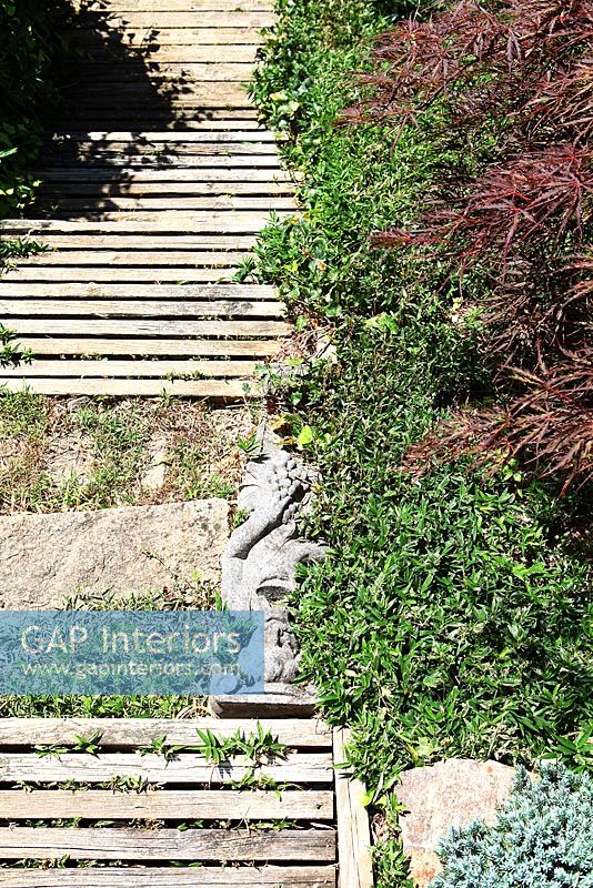 Wooden steps bordered by Japanese Maples and alpine plants