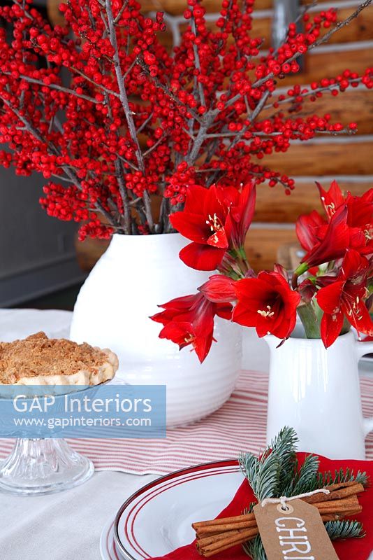 Vases of berries and Amaryllis flowers on christmas table