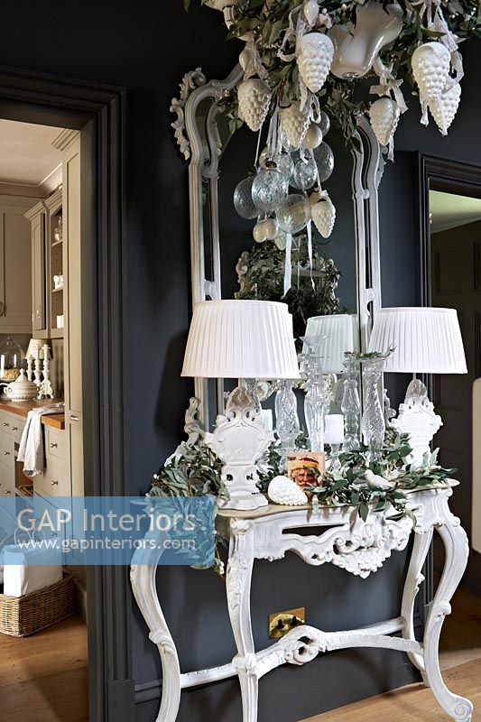 Console table with christmas decorations