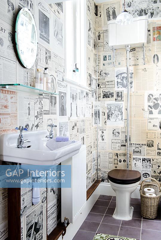 Retro bathroom with recycled wallpaper