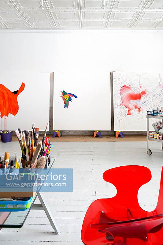Abstract paintings in artists studio