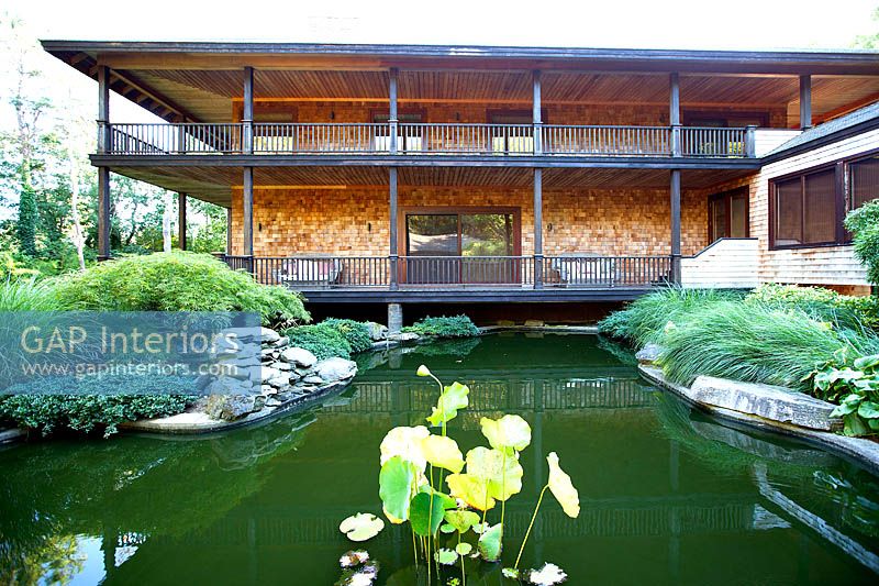 Asian style house and garden with pond