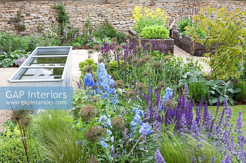 Colourful garden border with Allium Catmint and Delphinium flowers