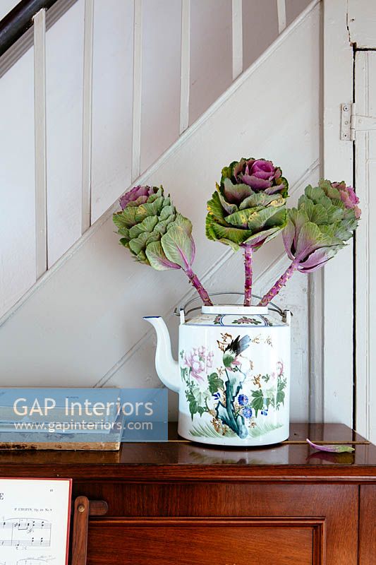 Colourful Brassica foliage in patterned teapot