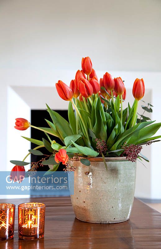 Red Tulips in earthenware container
