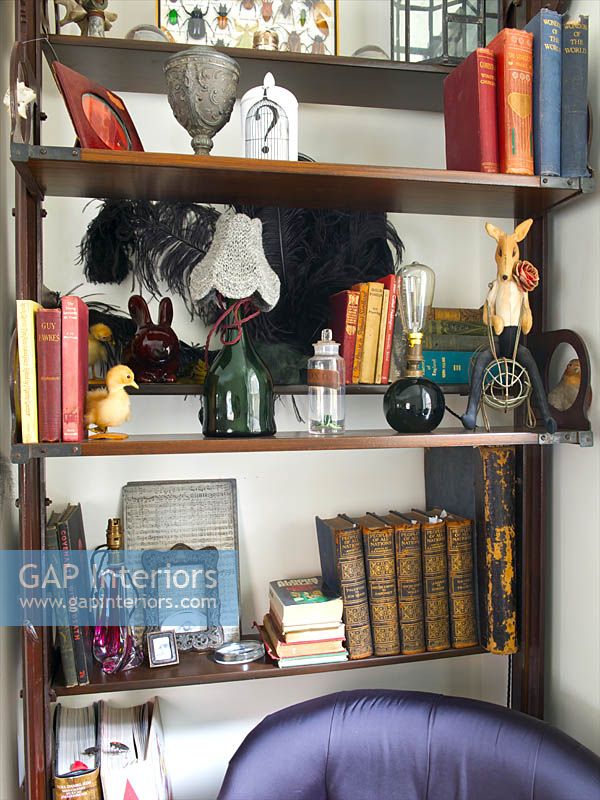 Eclectic ornaments and accessories on vintage shelving