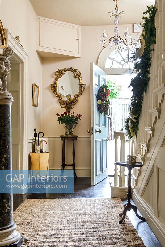 Classic entrance hall decorated for christmas