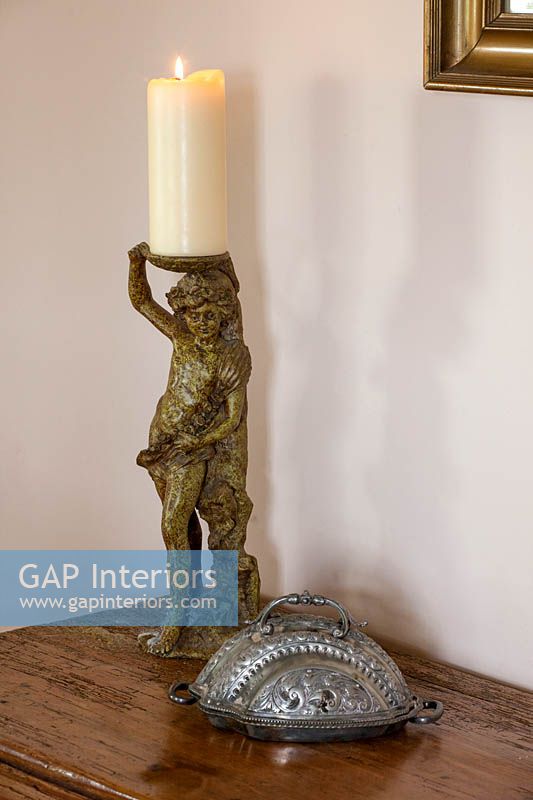 Wooden cherub candlestick and metal capon server