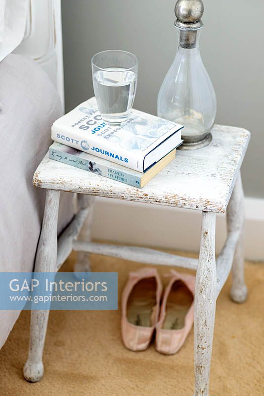 Wooden stool used as bedside table