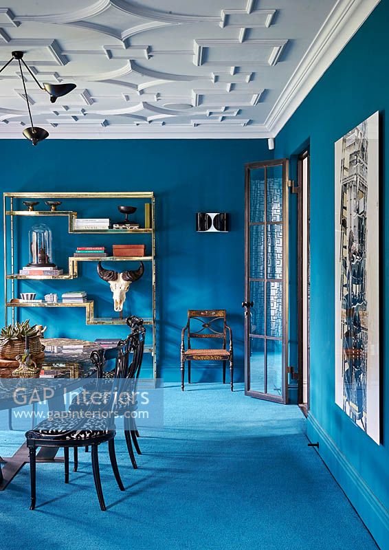 Blue carpet in dining room