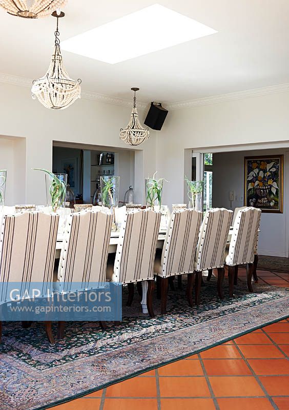 Striped chairs at dining table