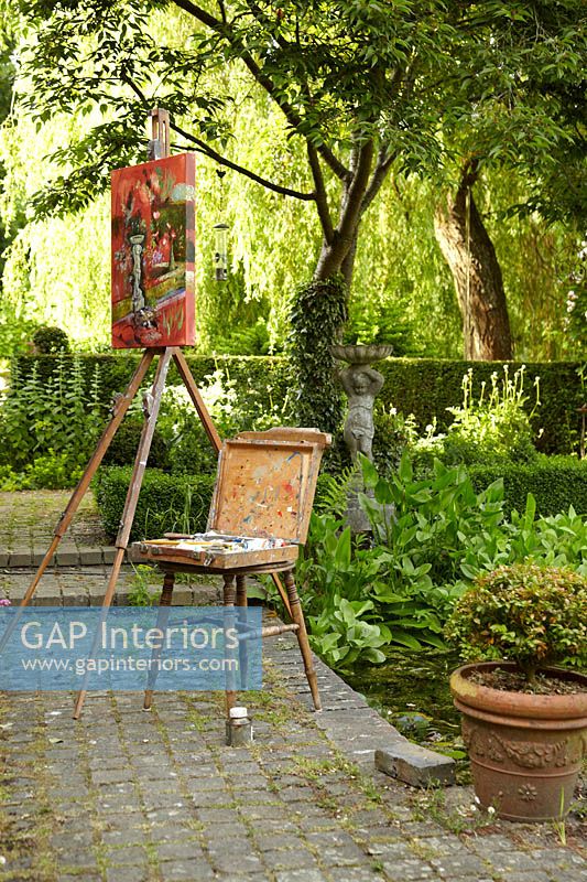 Artists easel on patio
