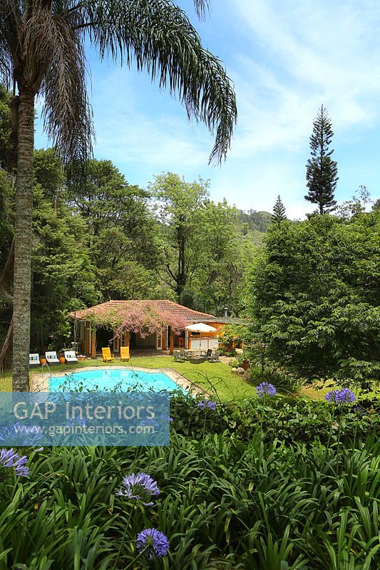 Tropical garden with summerhouse and pool