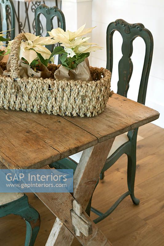 Basket of Poinsettia plants on wooden table