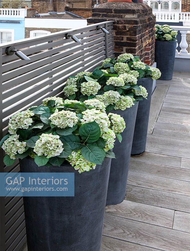 Tall pots with faux Hydrangea plants on fake decking
