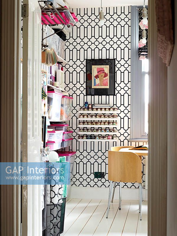 Patterned wallpaper in study