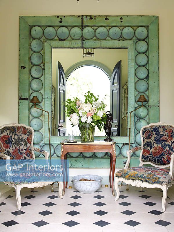 Floral armchairs by mirror