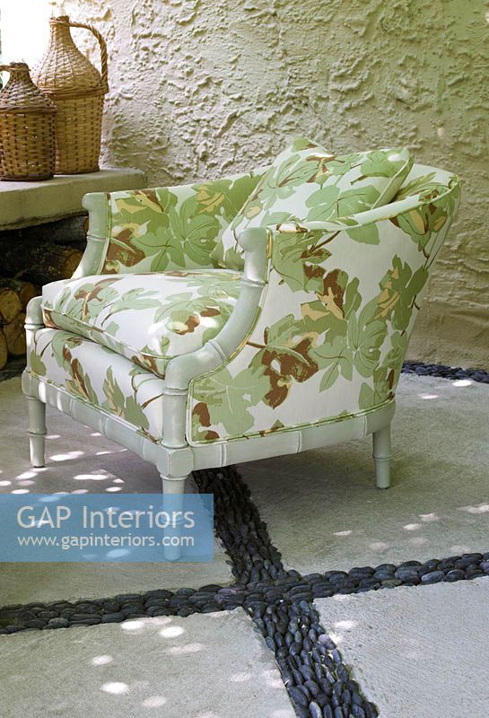 Patterned armchair on patio